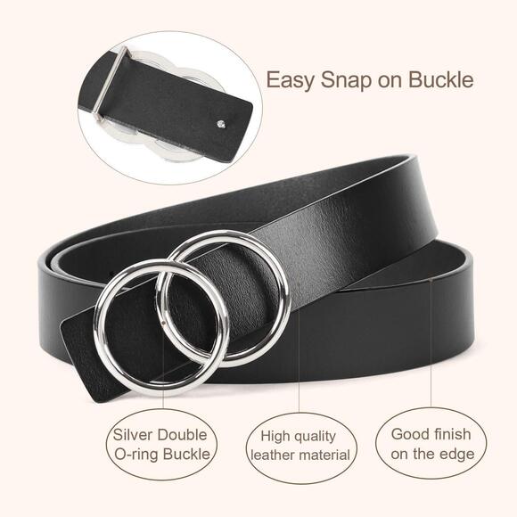 5793 Women Leather Belt Fashion Double O-ring Soft Faux Leather Waist Belts - Picture 4 of 6